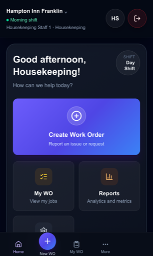 Hotel Maintenance SaaS screenshot showing the technician home screen with Create Work Order, My WO, and Reports