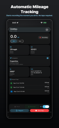 OnMiles app screenshot showing the automatic mileage tracking dashboard with live distance, speed, and recent trips