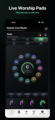 Oyster Live Music app screenshot showing the live pads screen with key selection wheel